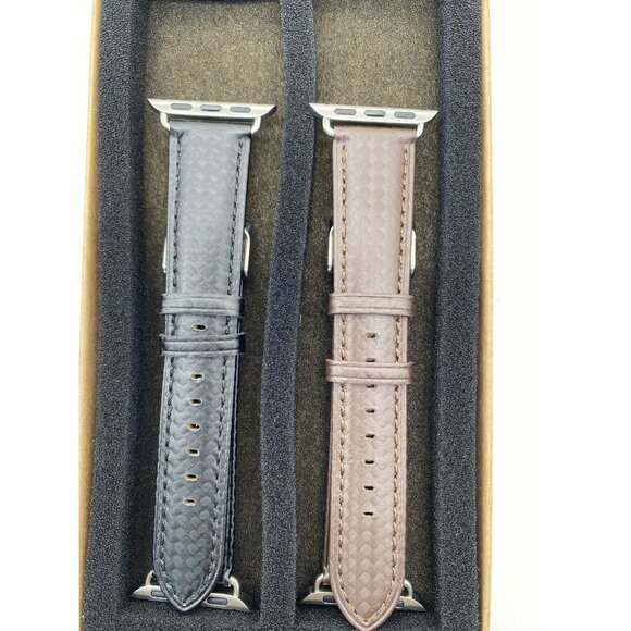 Mens Leather Watch Bands Brown & Black 2-Piece Set Compatible With Apple Watch - Picture 1 of 4